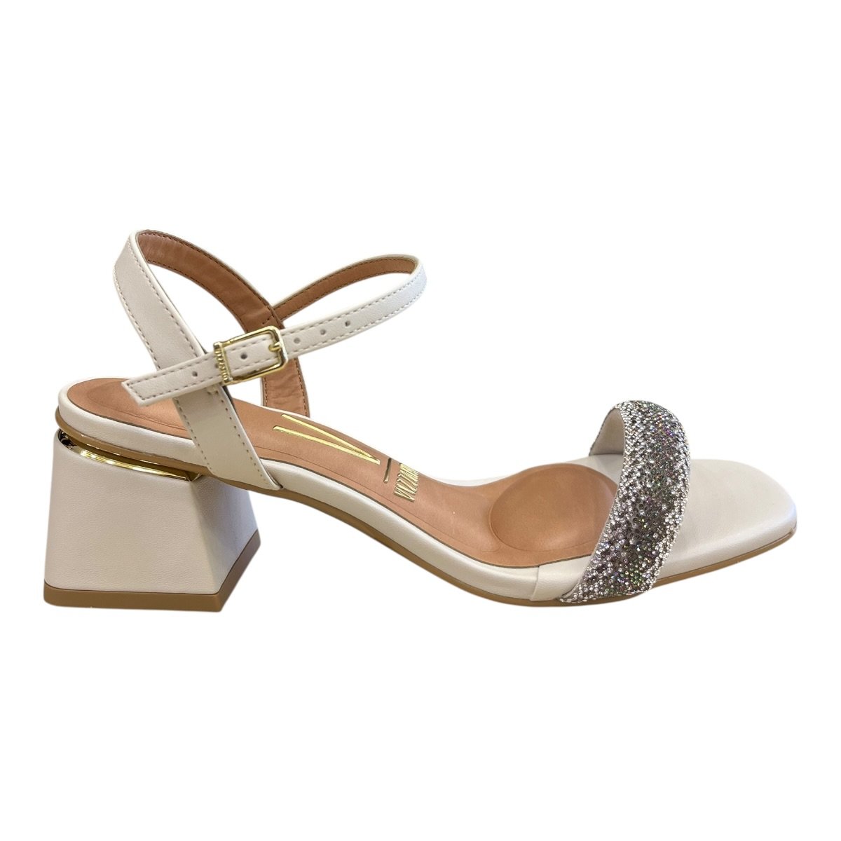 Sandalia Feminino Vizzano Casual Conforto Salto Bloco Médio Brilho Tiras Strass 6428.139. Branco