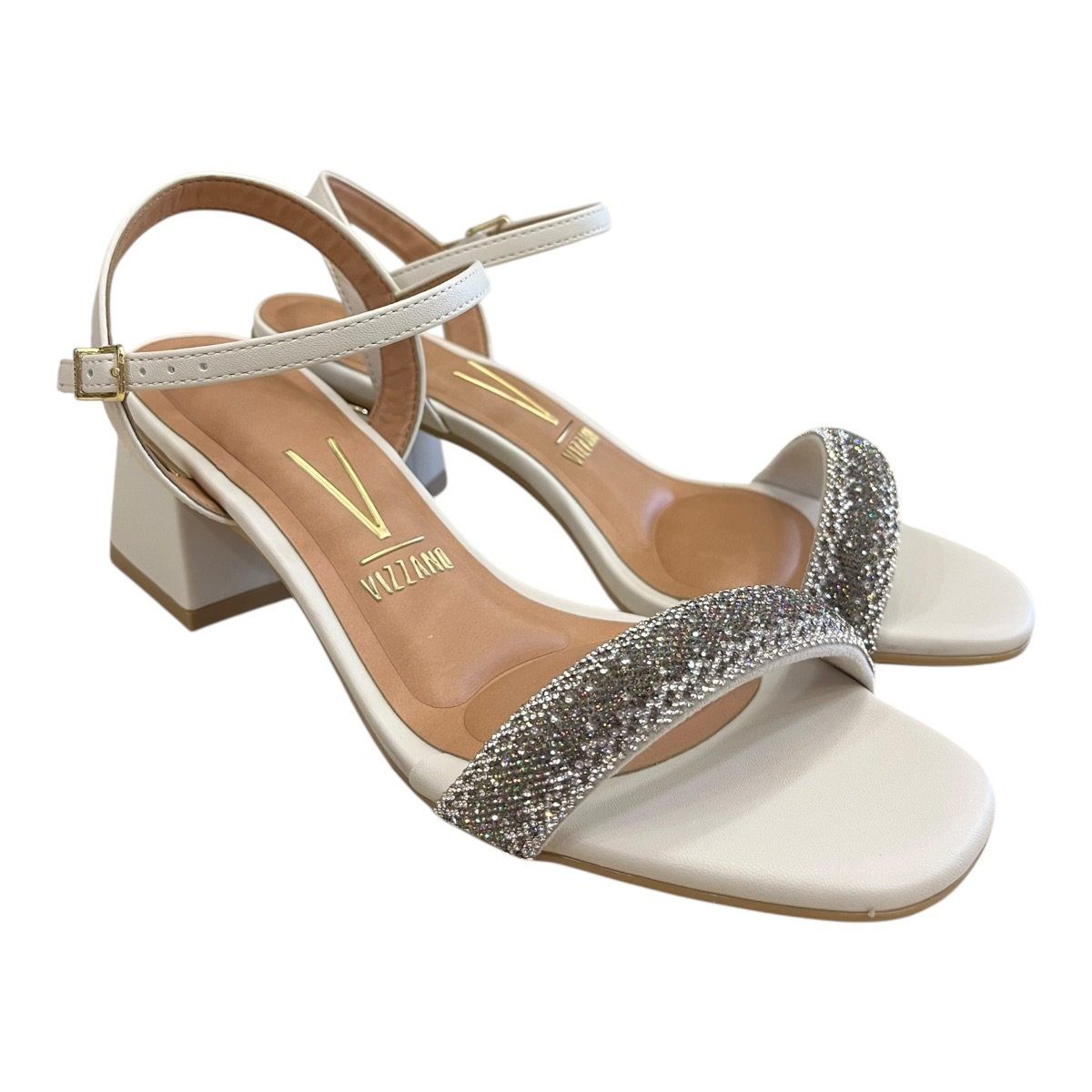 Sandalia Feminino Vizzano Casual Conforto Salto Bloco Médio Brilho Tiras Strass 6428.139. Branco Branco 2