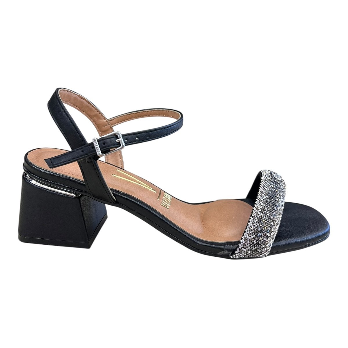 Sandalia Feminino Vizzano Casual Conforto Salto Bloco Médio Brilho Tiras Strass 6428.139. Preto