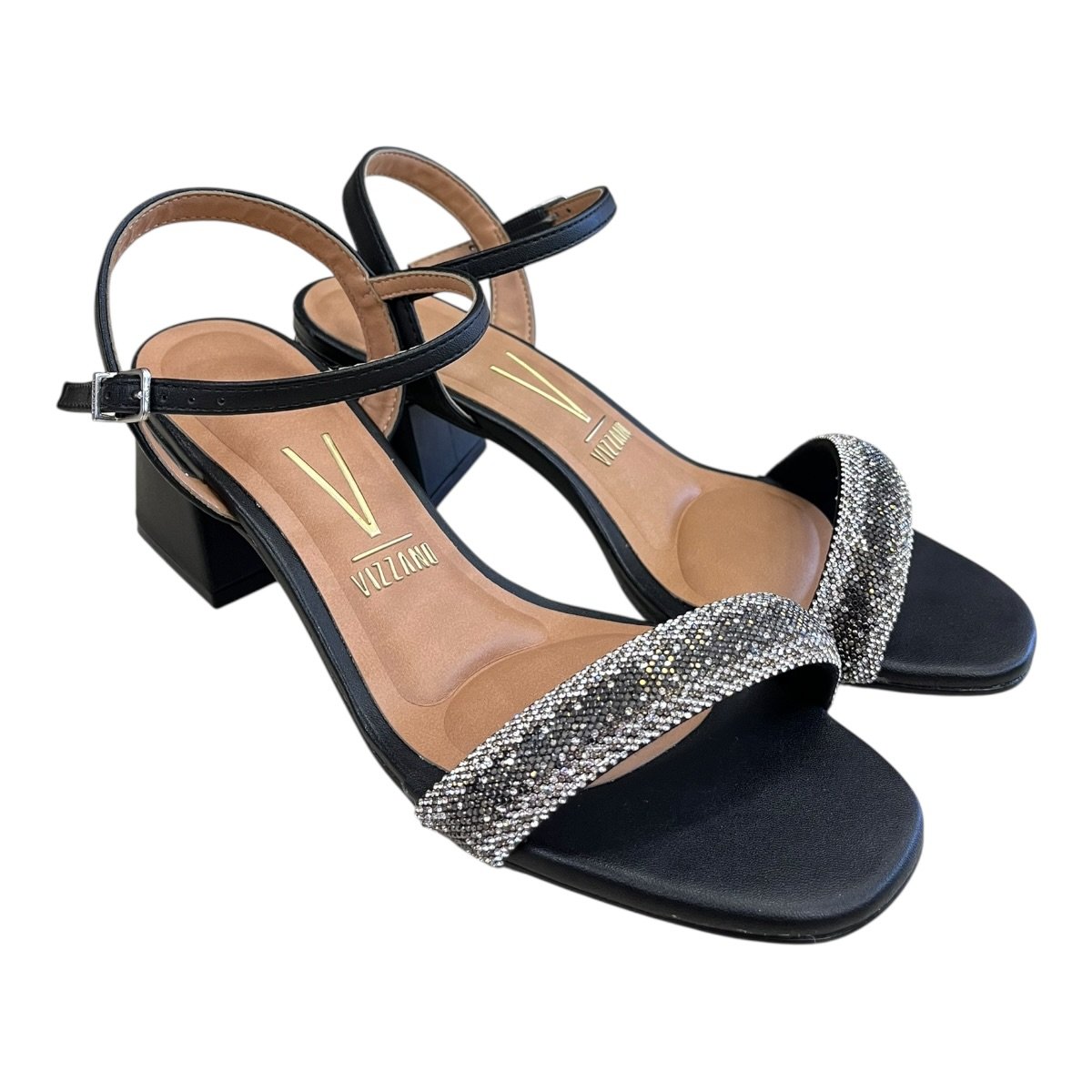Sandalia Feminino Vizzano Casual Conforto Salto Bloco Médio Brilho Tiras Strass 6428.139. Preto Preto 2