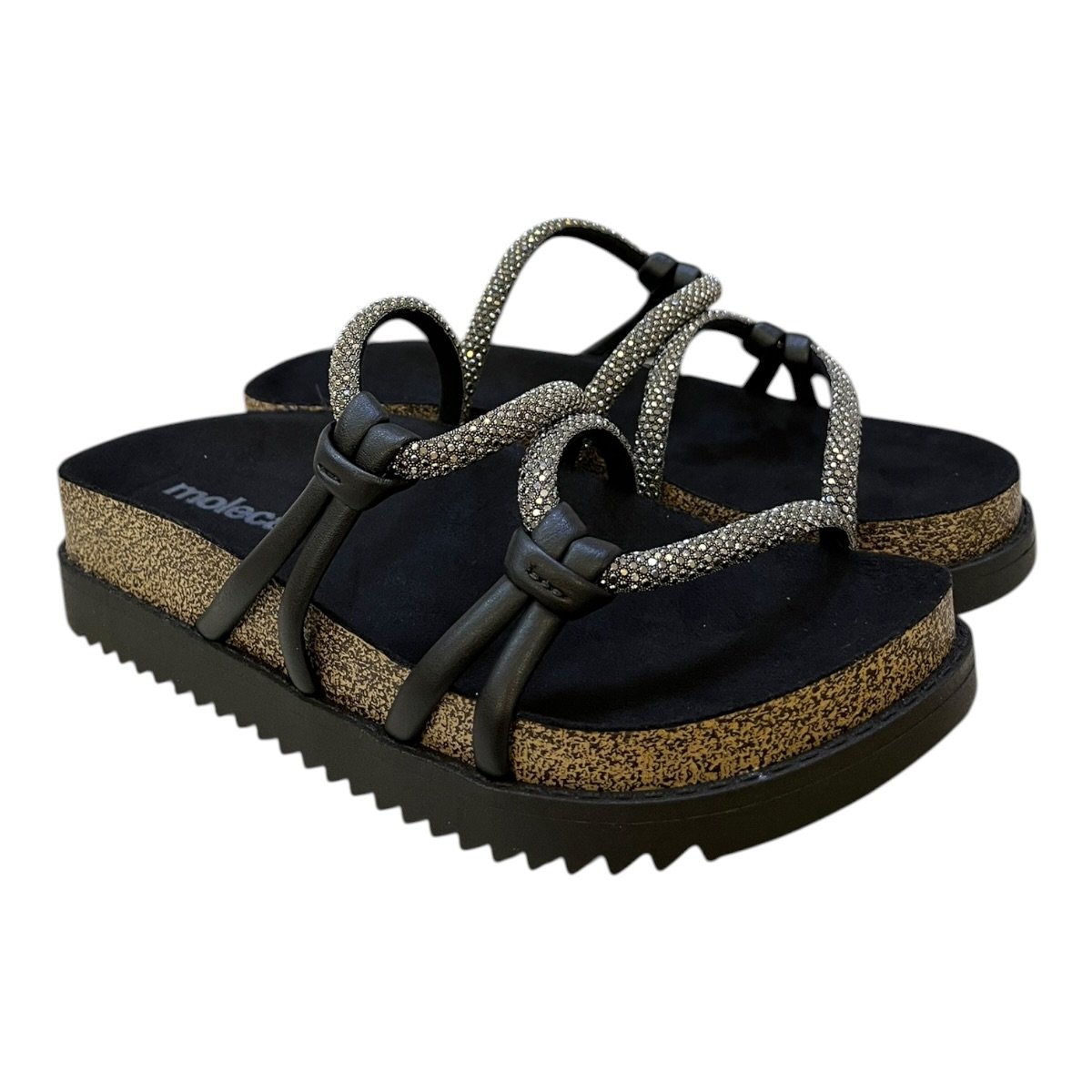 Chinelo Papete Feminino Moleca Casual Ultraconforto Tiras Brilho Strass 5500.111 Preto Preto 2