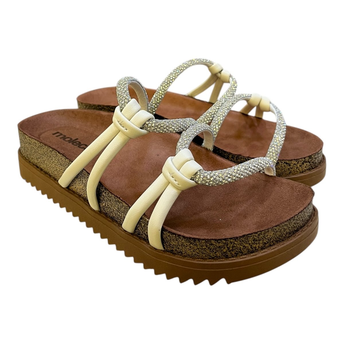 Chinelo Papete Feminino Moleca Casual Ultraconforto Tiras Brilho Strass 5500.111 Branco Branco 2