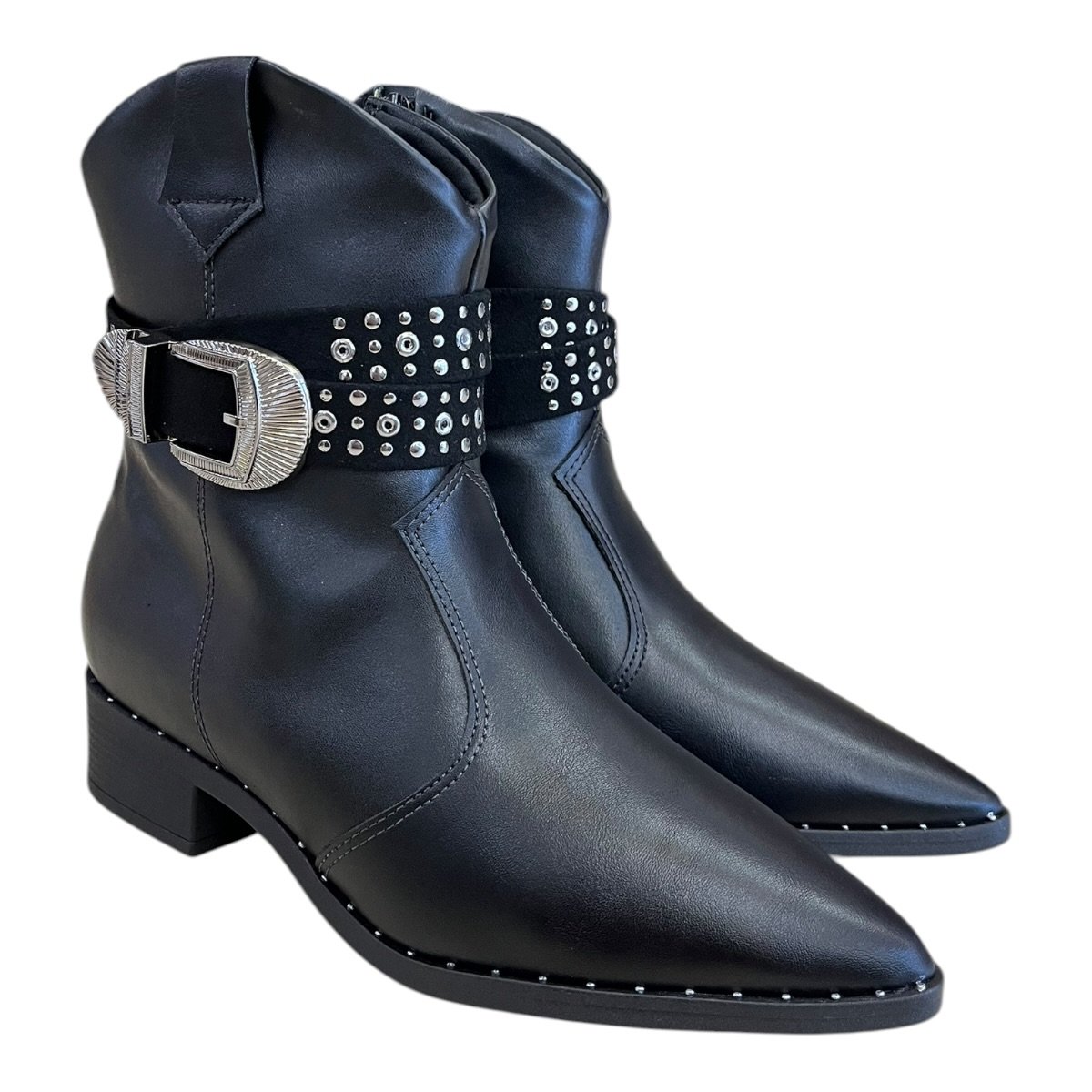 Bota Feminino Beira Rio Casual Conforto Fivela Metalizado Bico Fino Salto Baixo 9091.202 Preto Preto 2