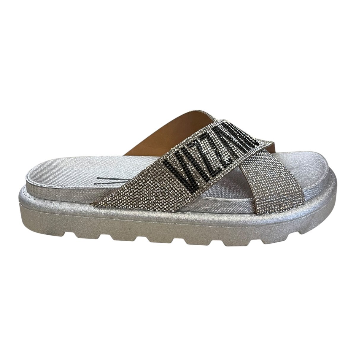 Chinelo Papete Feminino Vizzano Casual Conforto Slide Cruzada Brilho Strass 6459.341 Prata