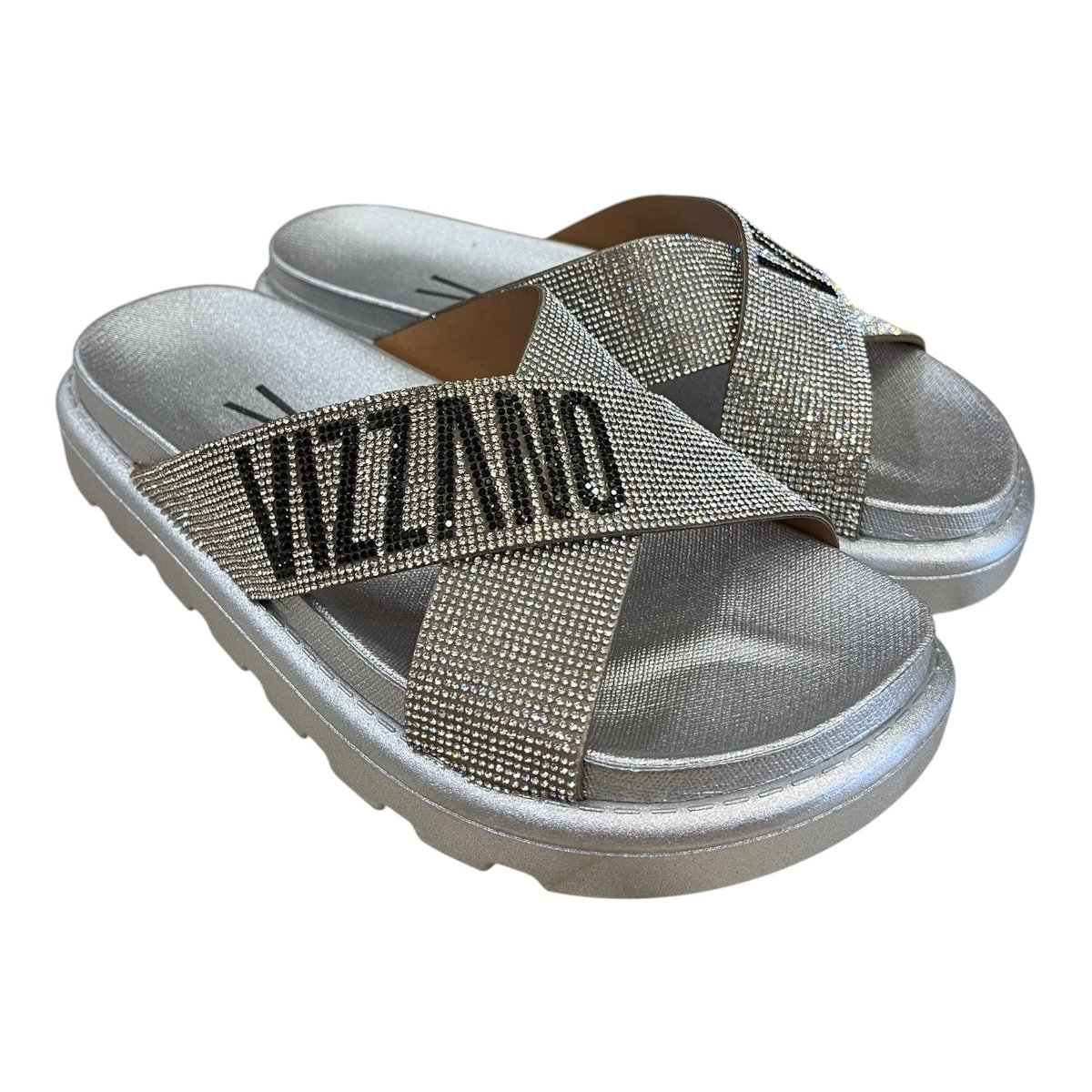Chinelo Papete Feminino Vizzano Casual Conforto Slide Cruzada Brilho Strass 6459.341 Prata Prata 2