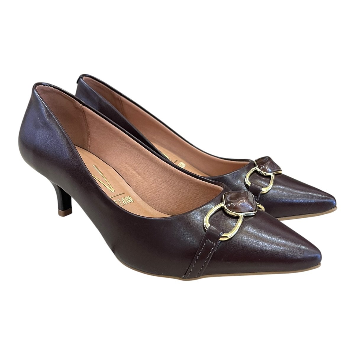 Sapato Scarpin Feminino Vizzano Casual Conforto Bico Fino Detalhe Metalizado 1122.898 Marrom Marrom 2