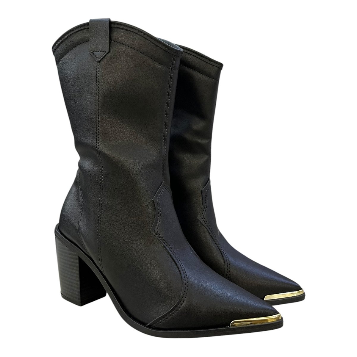Bota Feminino Moleca Casual Texana Country Detalhe Metalizado Conforto Bico Fino 5355.100 Preto Preto 2