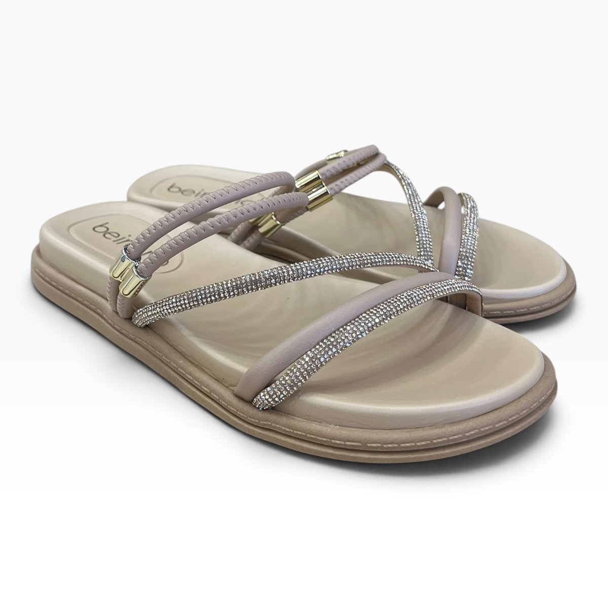 Papete Feminino Beira Rio 2 Em 1 Casual Conforto Tiras Brilho Calce Fácil 8488.143 Bege Bege 2