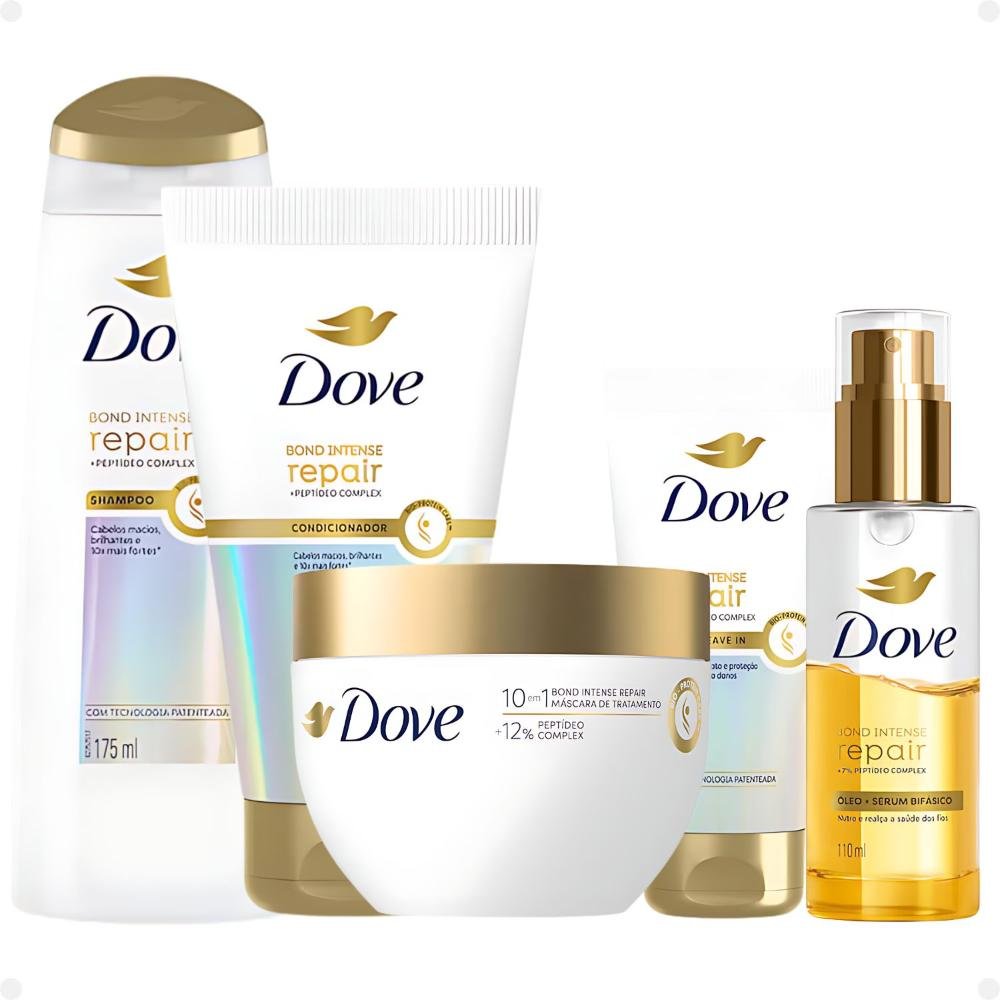 Kit Dove Bond Intense Repair Completo: Shampoo 175ml, Condicionador 150ml, Máscara, Leave-In e Óleo Sérum Bifásico