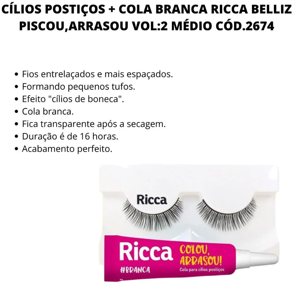 Cílios Postiços + Cola Branca Ricca Belliz Piscou,arrasou Vol:2 Médio Cód.2674 Preto 2