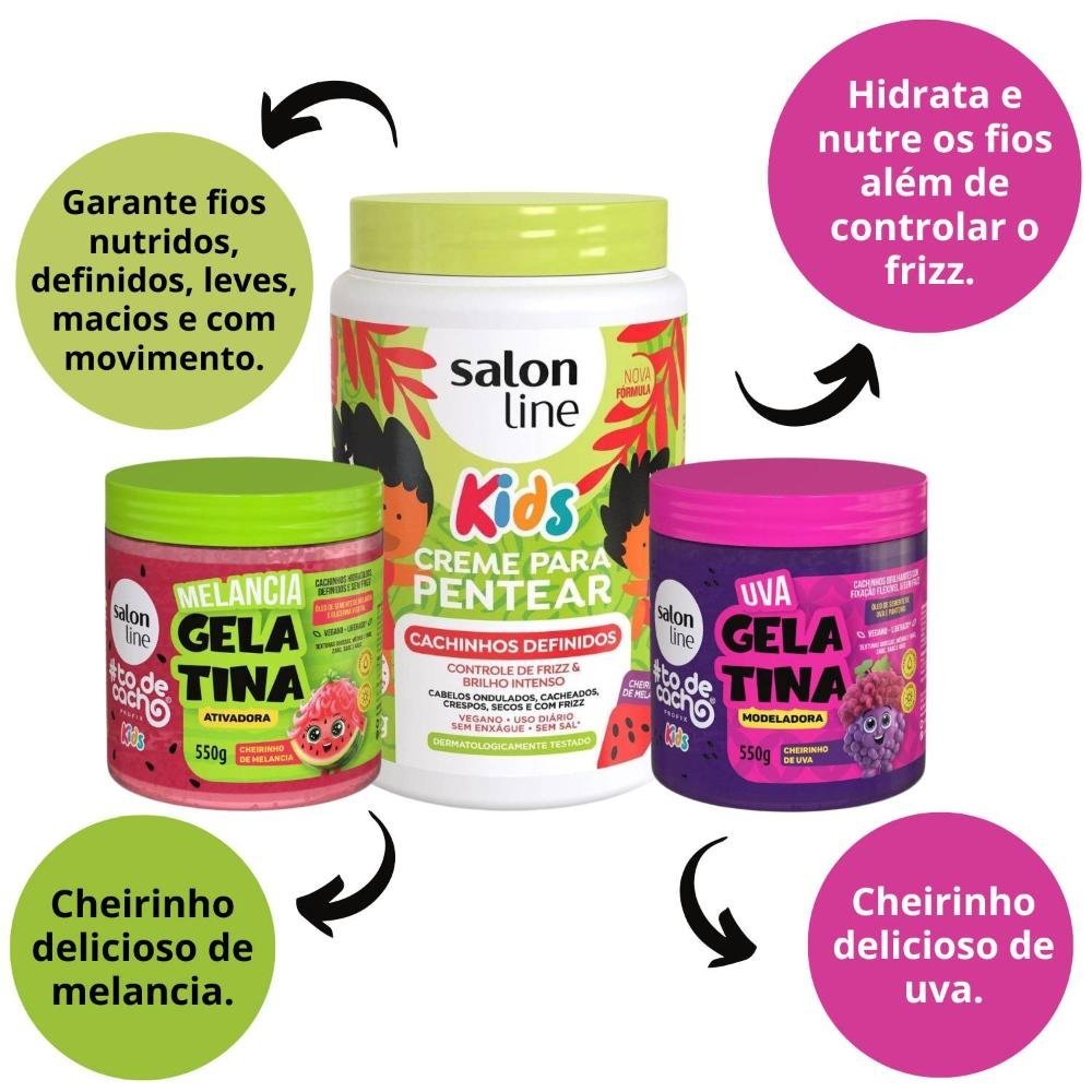 Kit Salon Line Kids: 1 Creme para Pentear Melancia e 2 Gelatinas Melancia e Uva ÚNICO 2