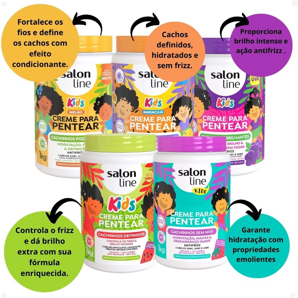 Kit Salon Line Kids: 5 Cremes de Pentear Melão, Maracujá, Uva, Melancia e Morango ÚNICO 2