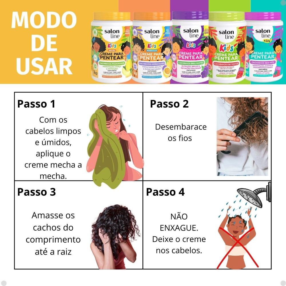 Kit Salon Line Kids: 5 Cremes de Pentear Melão, Maracujá, Uva, Melancia e Morango ÚNICO 6