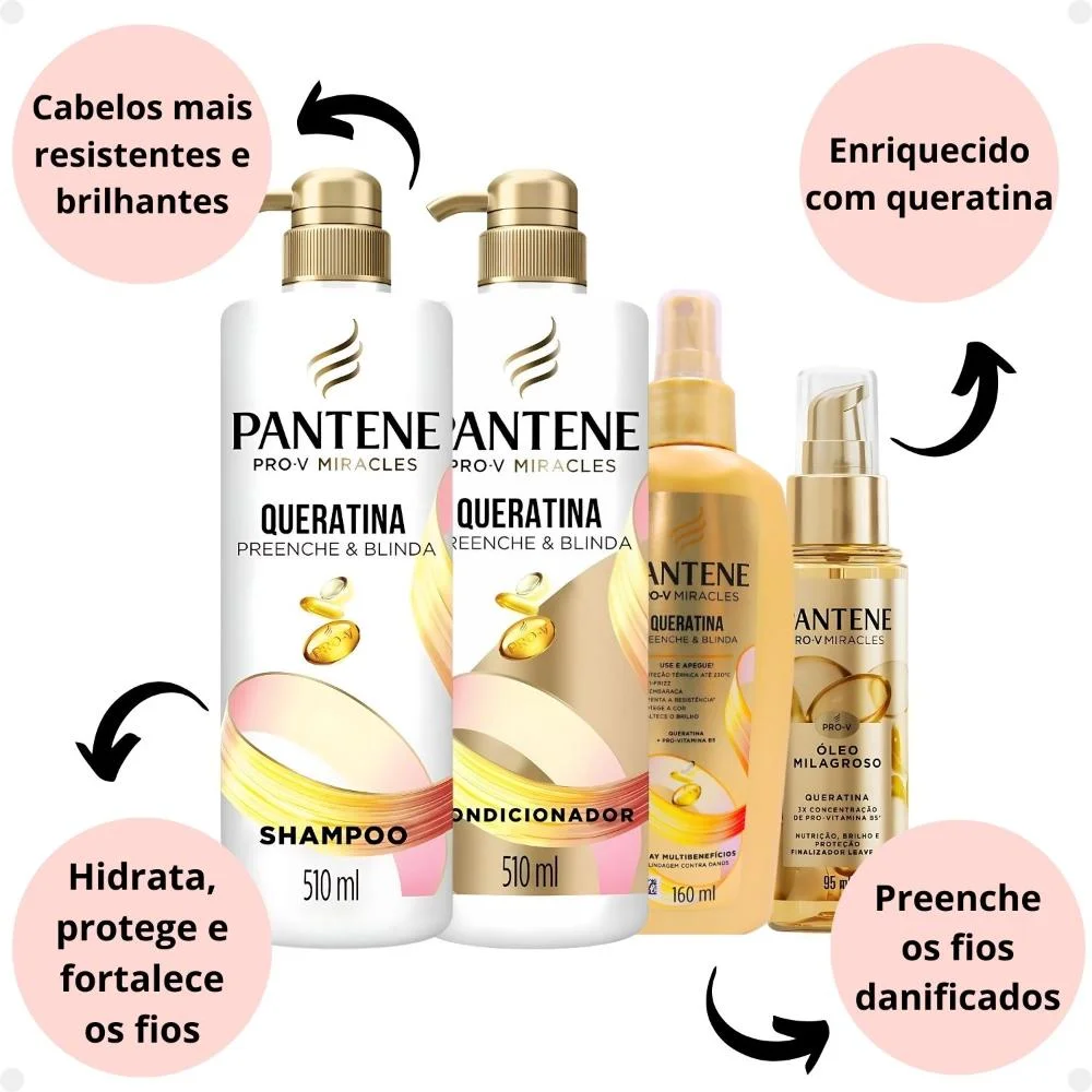 Kit Pantene Pro-V Miracles Queratina: Shampoo 510ml, Condicionador 510ml, Spray e Óleo ÚNICO 2