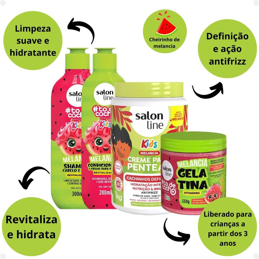 Kit Salon Line Kids: Shampoo e Condicionador + Creme para Pentear 1kg e Gelatina Melancia ÚNICO 2