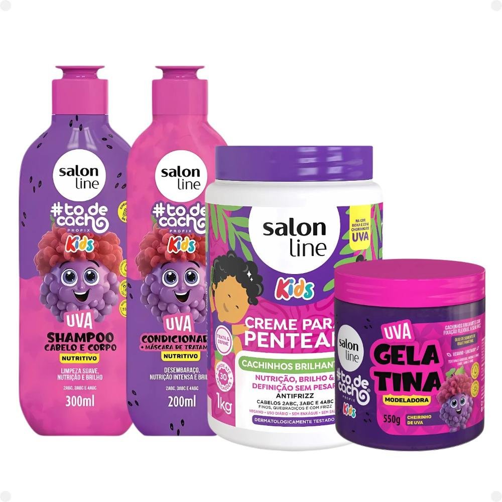 Kit Salon Line Kids: Shampoo e Condicionador + Creme para Pentear 1kg e Gelatina Modeladora Uva ÚNICO 1