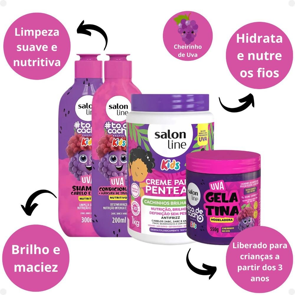 Kit Salon Line Kids: Shampoo e Condicionador + Creme para Pentear 1kg e Gelatina Modeladora Uva ÚNICO 2