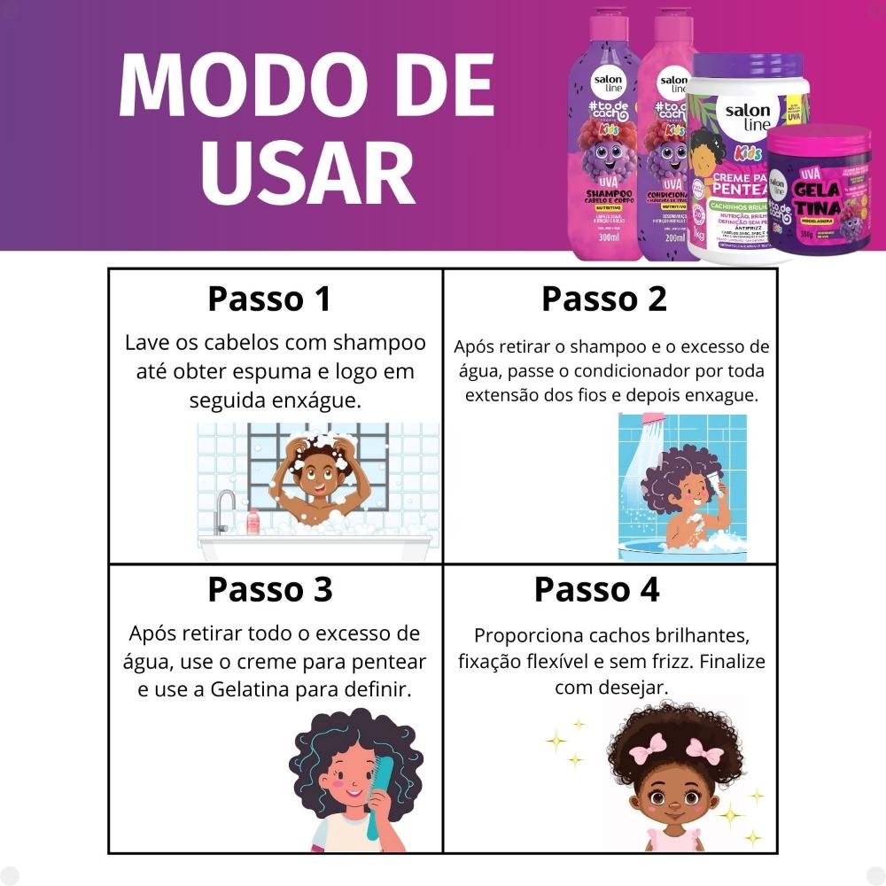 Kit Salon Line Kids: Shampoo e Condicionador + Creme para Pentear 1kg e Gelatina Modeladora Uva ÚNICO 6