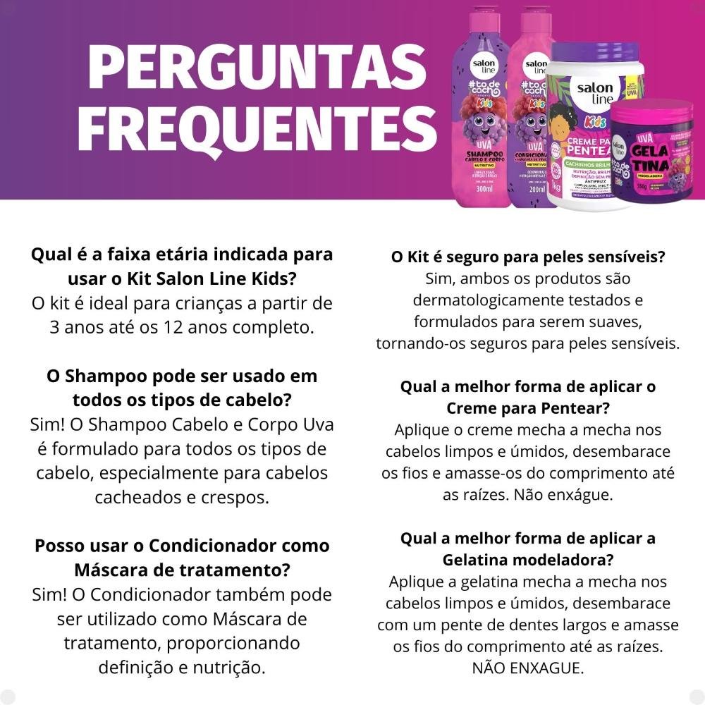 Kit Salon Line Kids: Shampoo e Condicionador + Creme para Pentear 1kg e Gelatina Modeladora Uva ÚNICO 7