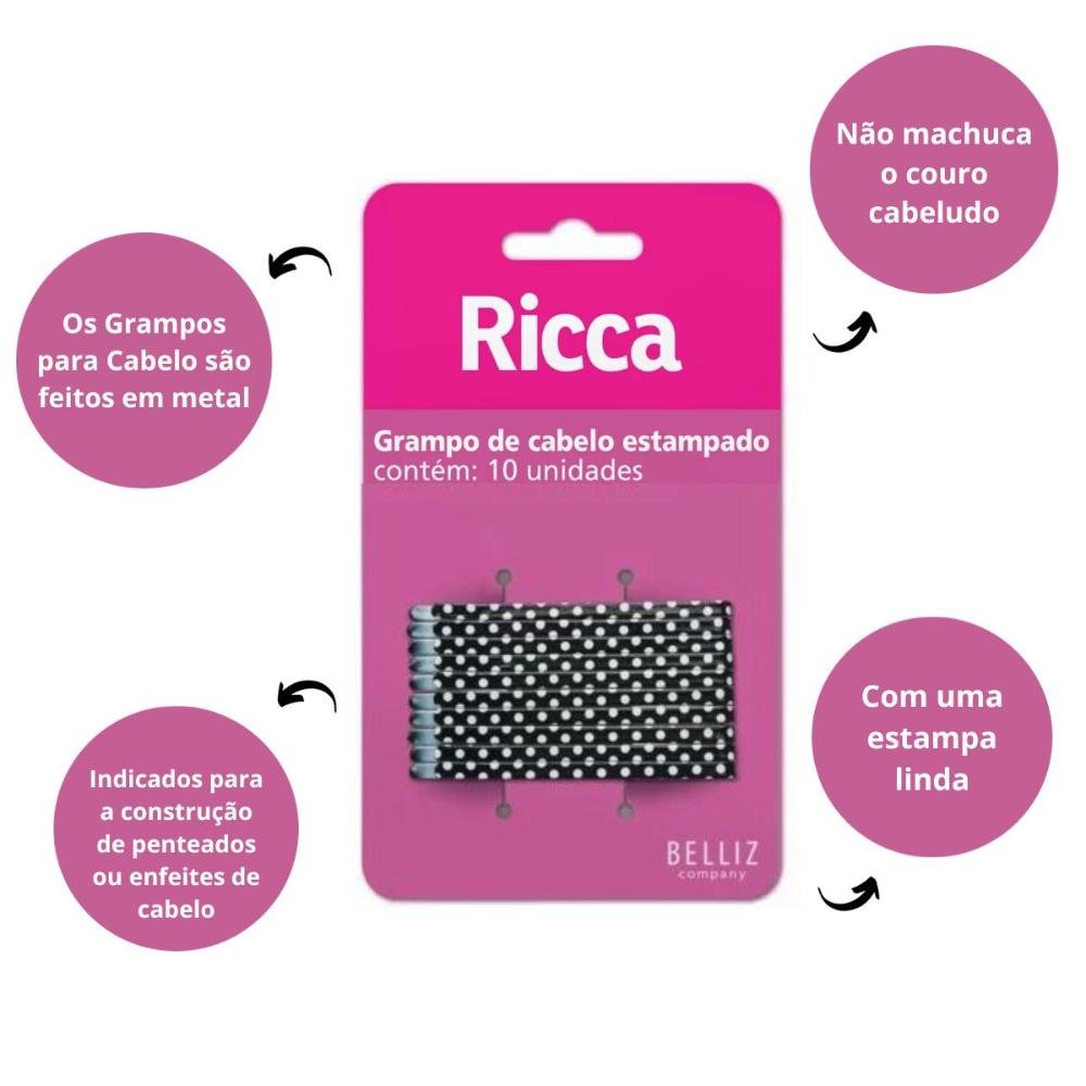 Grampo de Cabelo Estampado Ricca Style Poir C/10un Cód.1029 ÚNICO 2