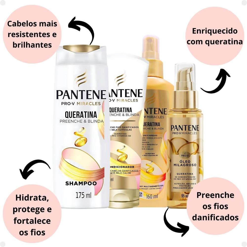 Kit Pantene Pro-V Miracles Queratina: Shampoo 175ml, Condicionador 150ml, Spray e Óleo ÚNICO 2