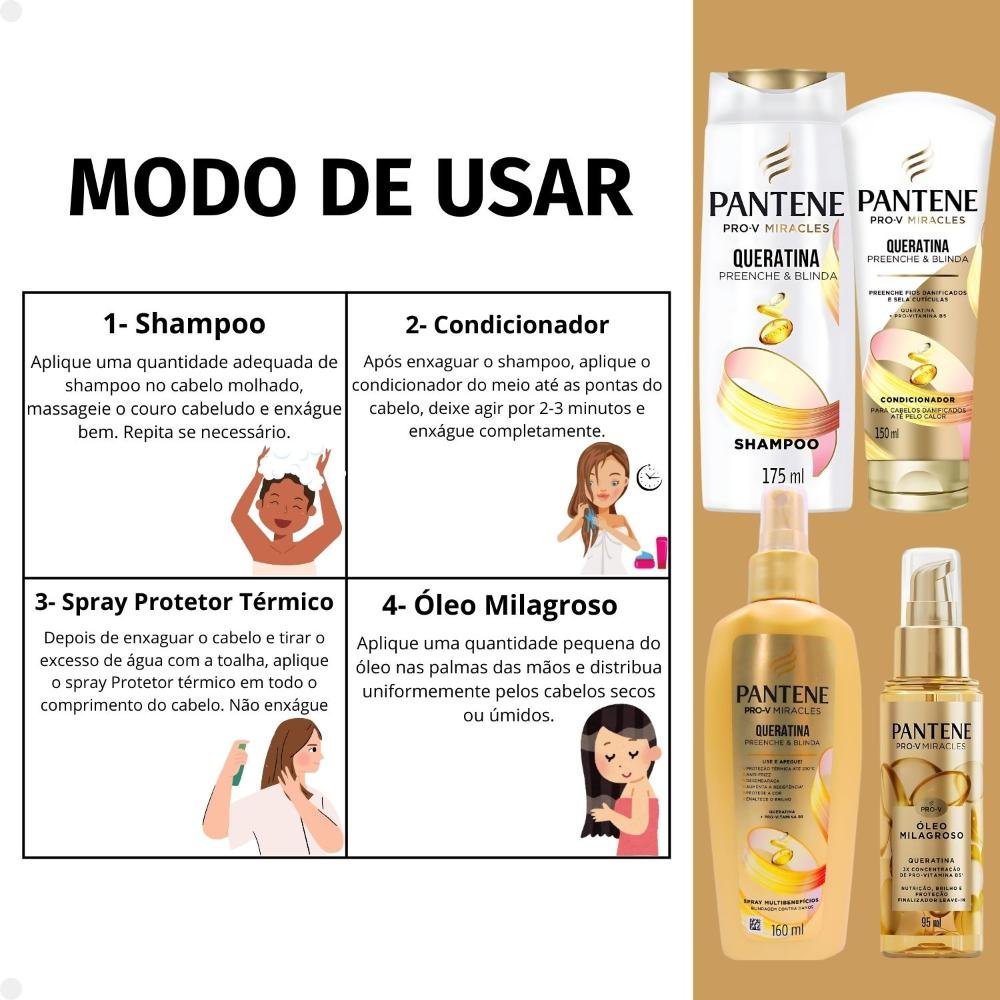 Kit Pantene Pro-V Miracles Queratina: Shampoo 175ml, Condicionador 150ml, Spray e Óleo ÚNICO 6