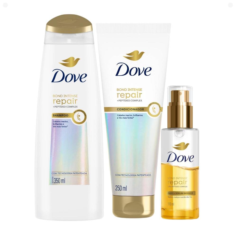 Kit Dove Bond Intense: Shampoo 350ml, Condicionador 250ml e Óleo Sérum Bifásico