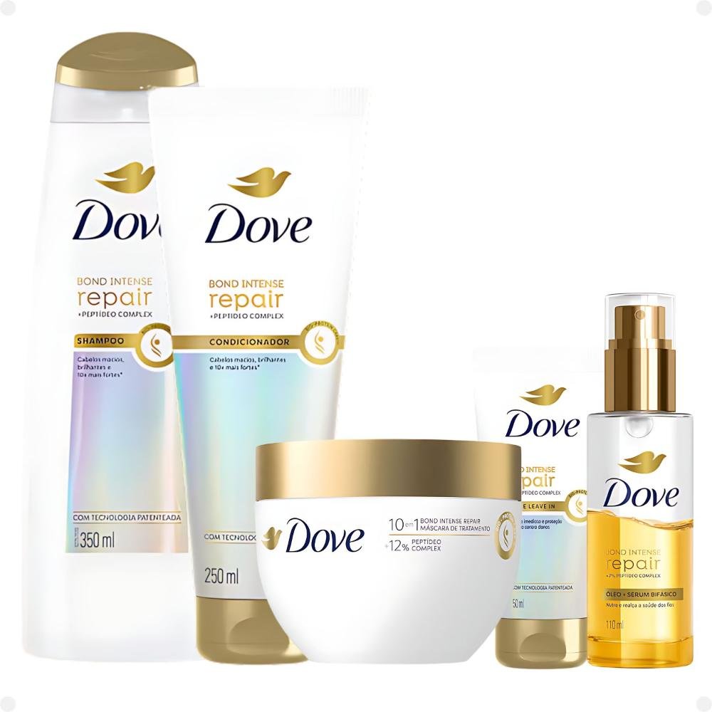 Kit Dove Bond Intense Repair Completo: Shampoo 350ml, Condicionador 250ml, Máscara, Leave-In e Óleo Sérum Bifásico