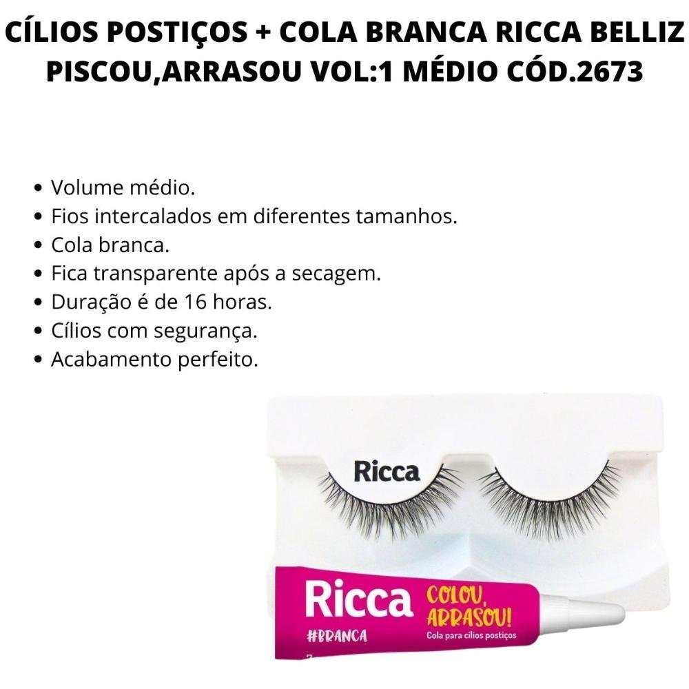 Cílios Postiços + Cola Branca Ricca Belliz Piscou,arrasou Vol:1 Médio Cód.2673 Preto 2