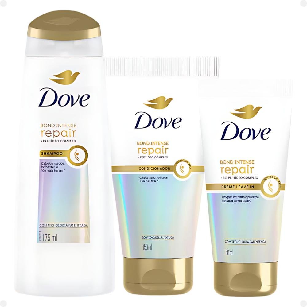 Kit Dove Bond Intense: Shampoo 350ml, Condicionador 250ml, e Leave-In