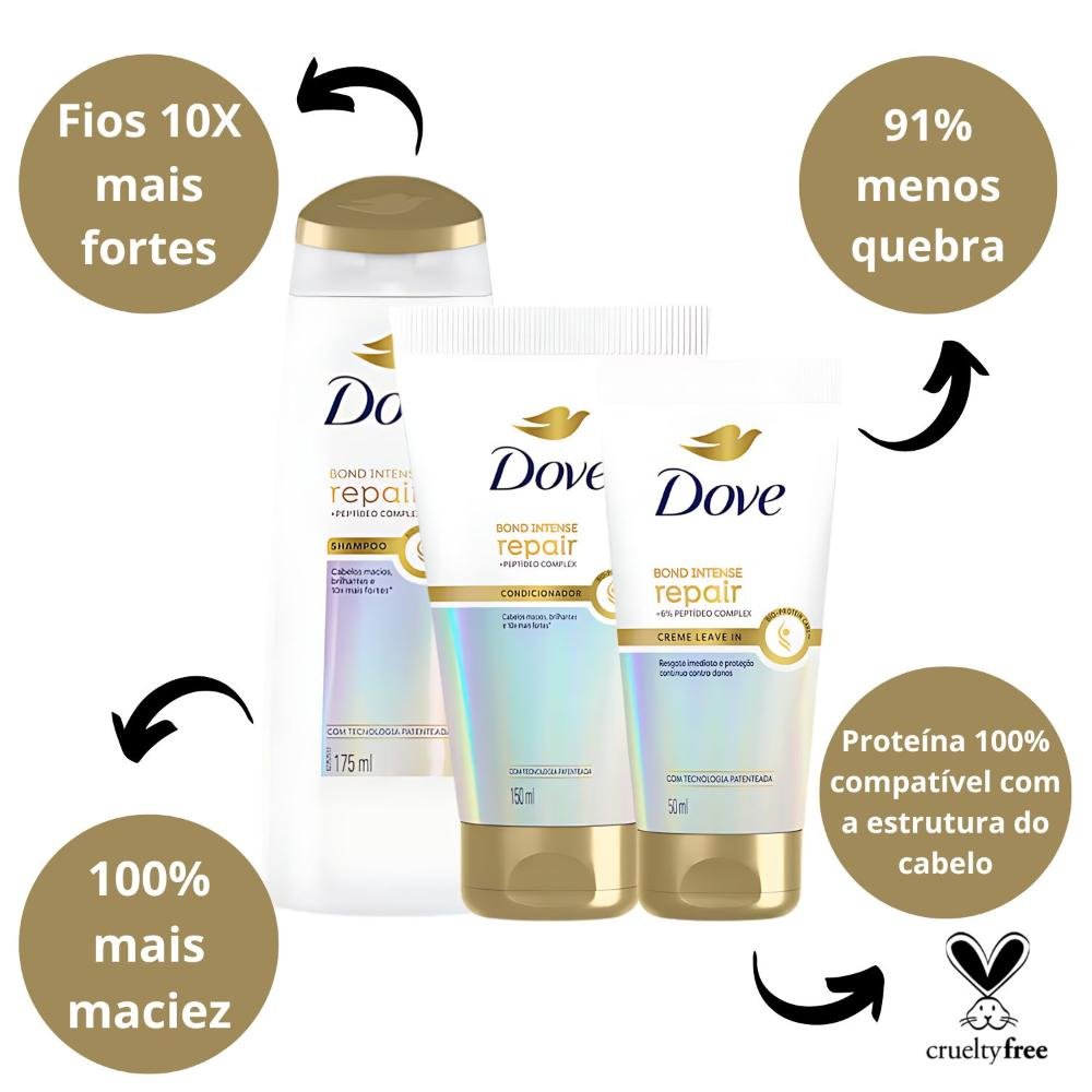 Kit Dove Bond Intense: Shampoo 350ml, Condicionador 250ml, e Leave-In ÚNICO 2