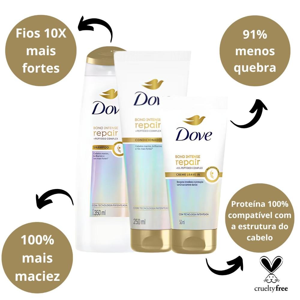 Kit Dove Bond Intense Repair: Shampoo 350ml, Condicionador 250ml e Leave-in ÚNICO 2