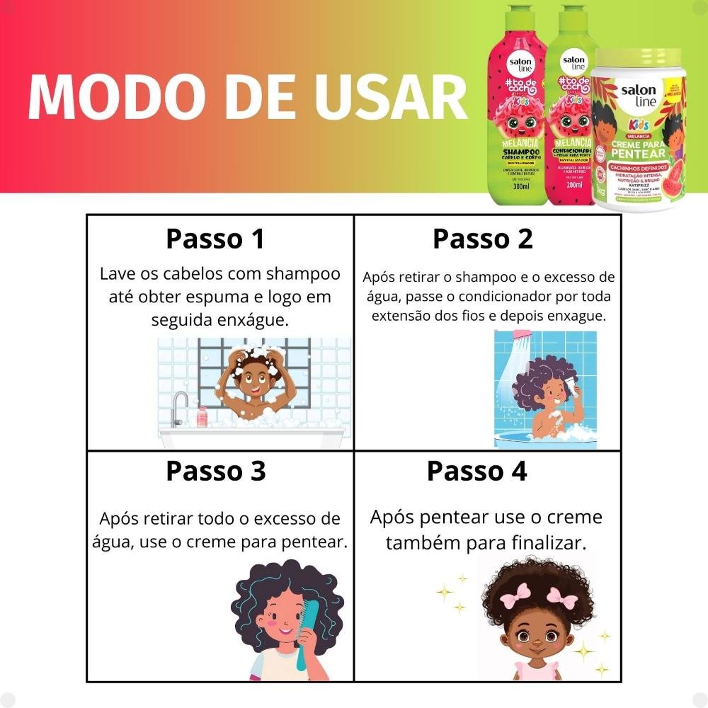 Kit Salon Line Kids: Shampoo e Condicionador + Creme para Pentear 1kg Melancia ÚNICO 5