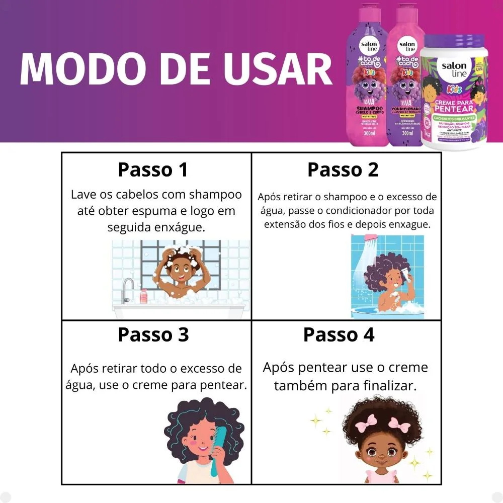 Kit Salon Line Kids: Shampoo e Condicionador + Creme para Pentear 1kg Uva ÚNICO 5
