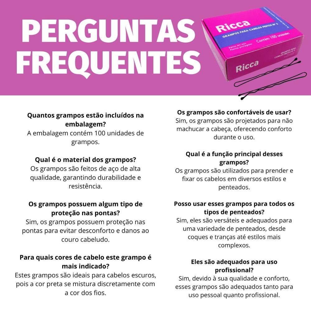 Grampos para Cabelos Pretos Ricca Nº 5 Com 100 unidades Cód. 3107 ÚNICO 5