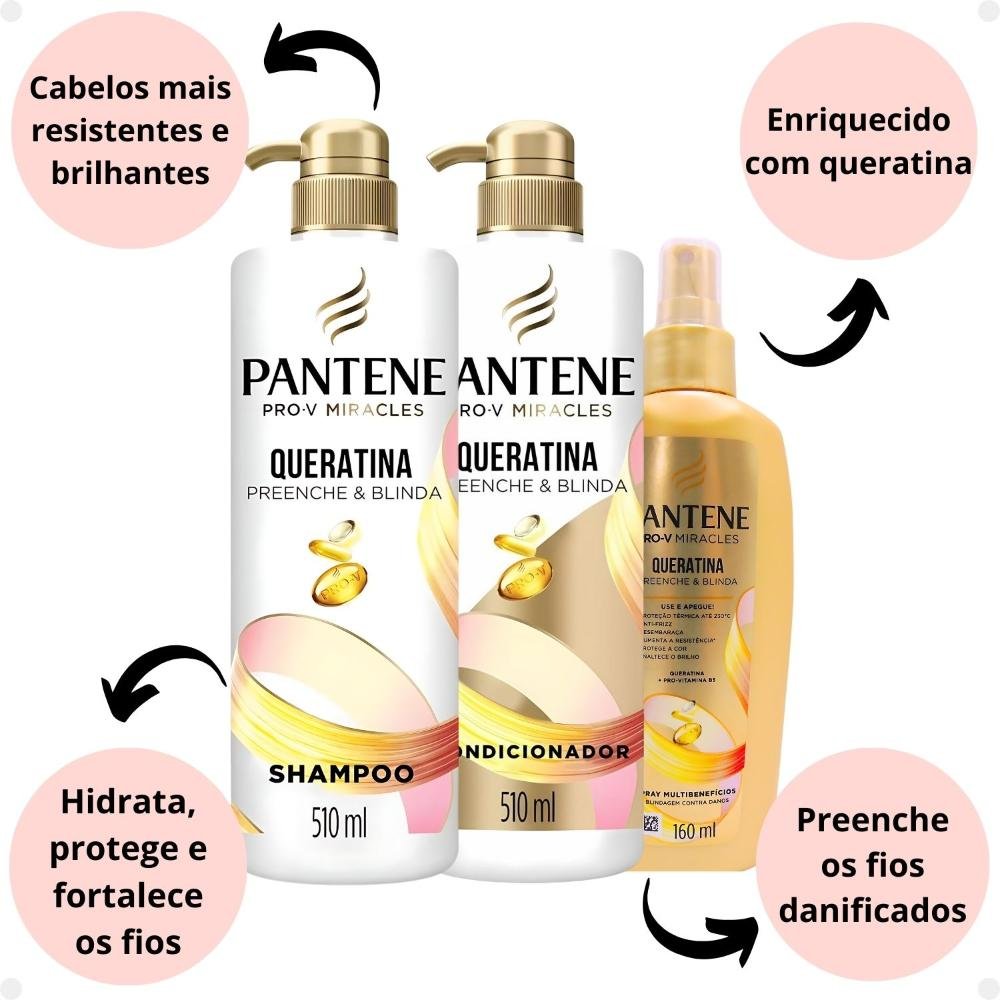Kit Pantene Pro-V Miracles Queratina: Shampoo 510ml, Condicionador 510ml e Spray ÚNICO 2