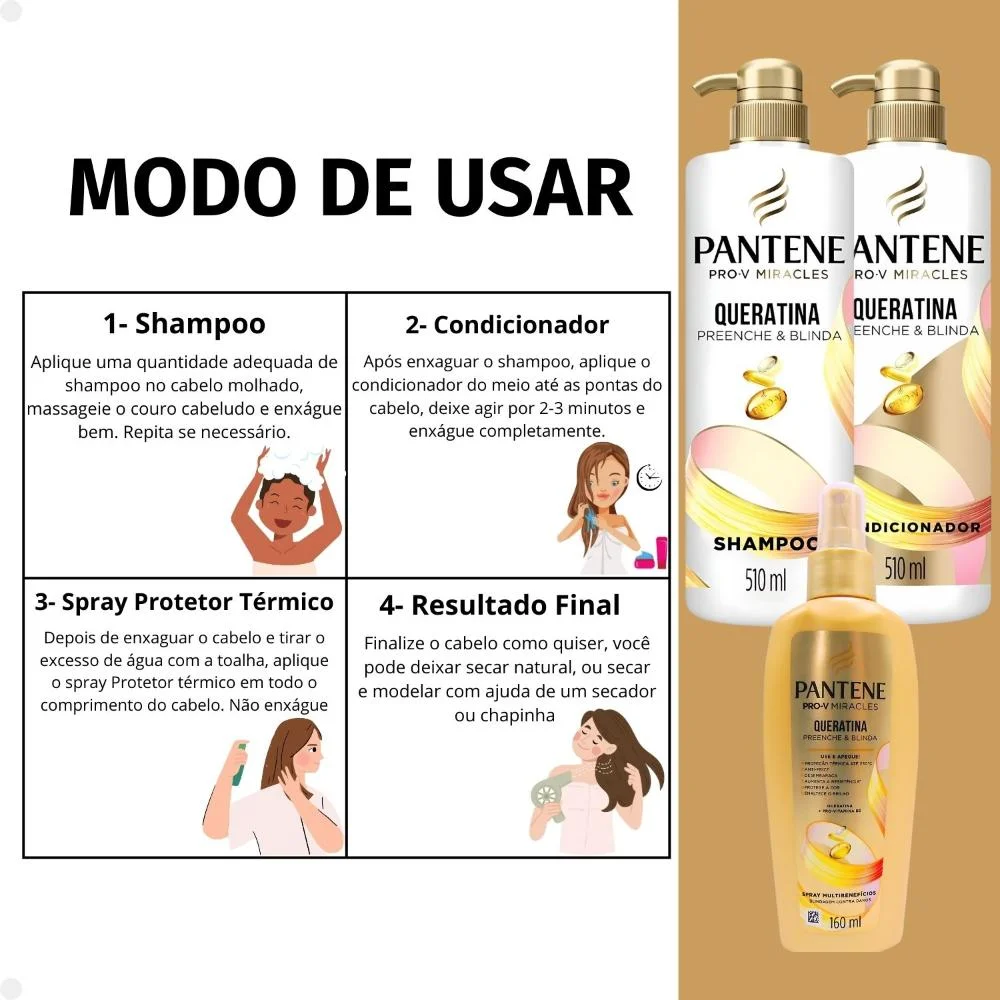 Kit Pantene Pro-V Miracles Queratina: Shampoo 510ml, Condicionador 510ml e Spray ÚNICO 6