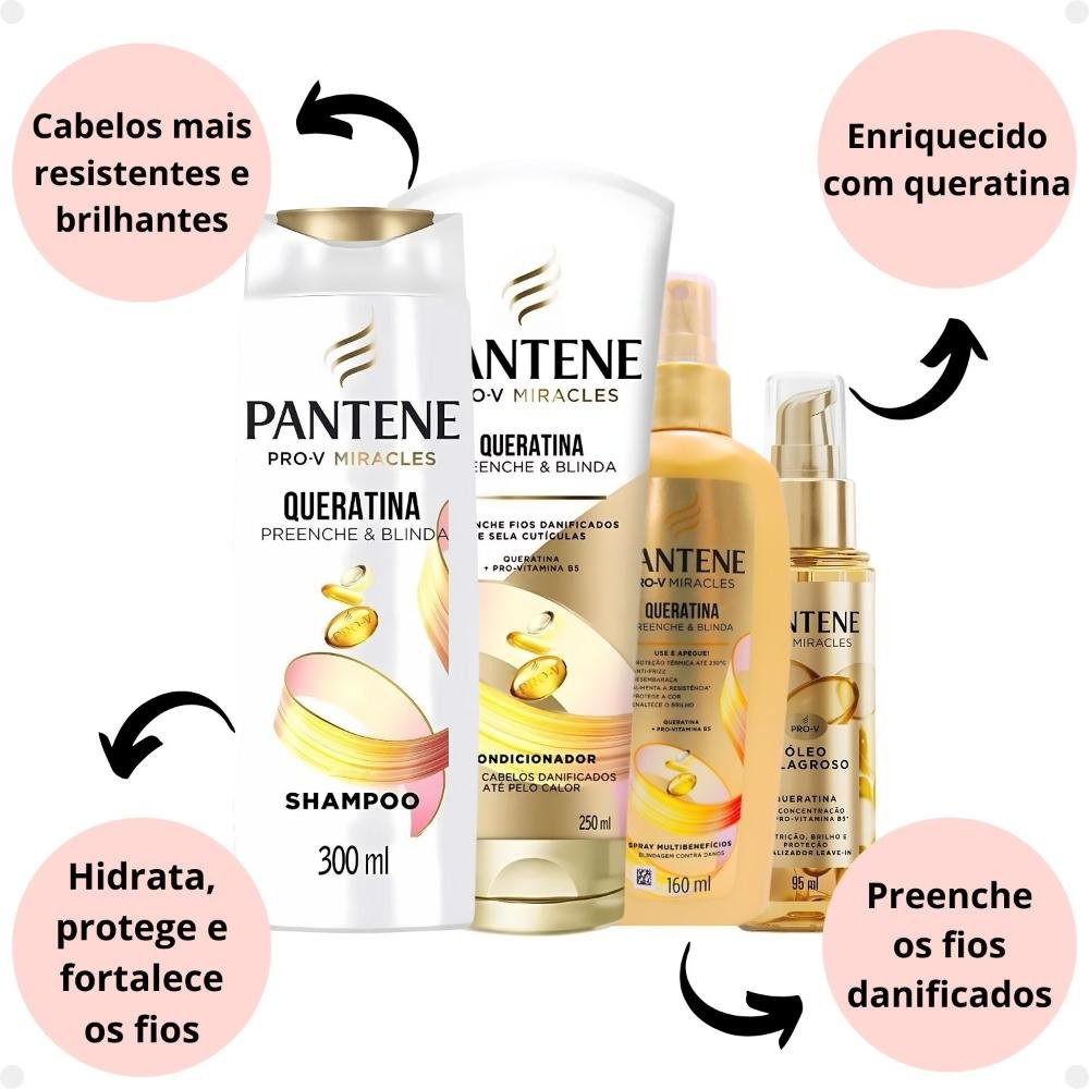 Kit Pantene Pro-V Miracles Queratina: Shampoo 300ml, Condicionador 250ml, Spray e Óleo ÚNICO 2