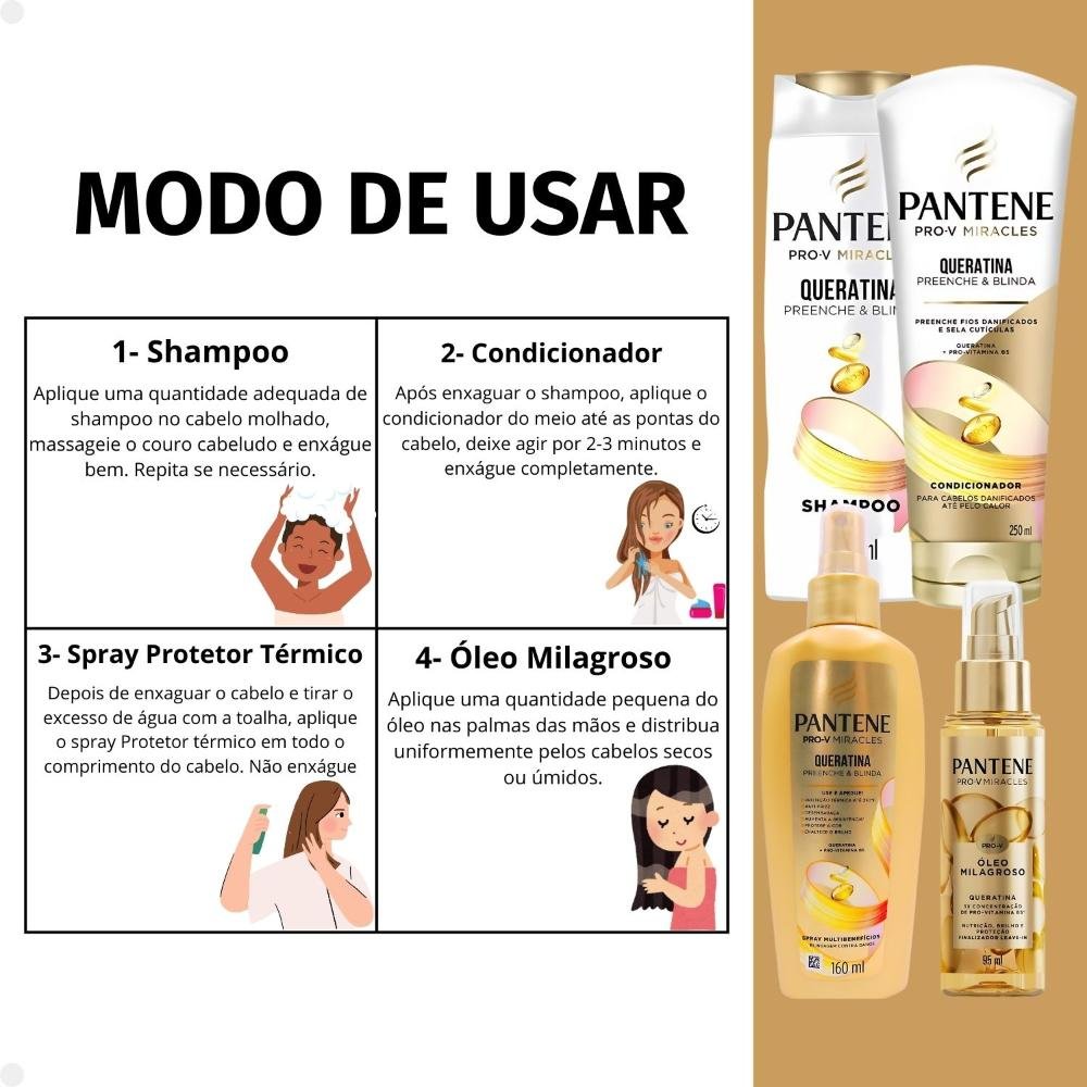 Kit Pantene Pro-V Miracles Queratina: Shampoo 300ml, Condicionador 250ml, Spray e Óleo ÚNICO 7