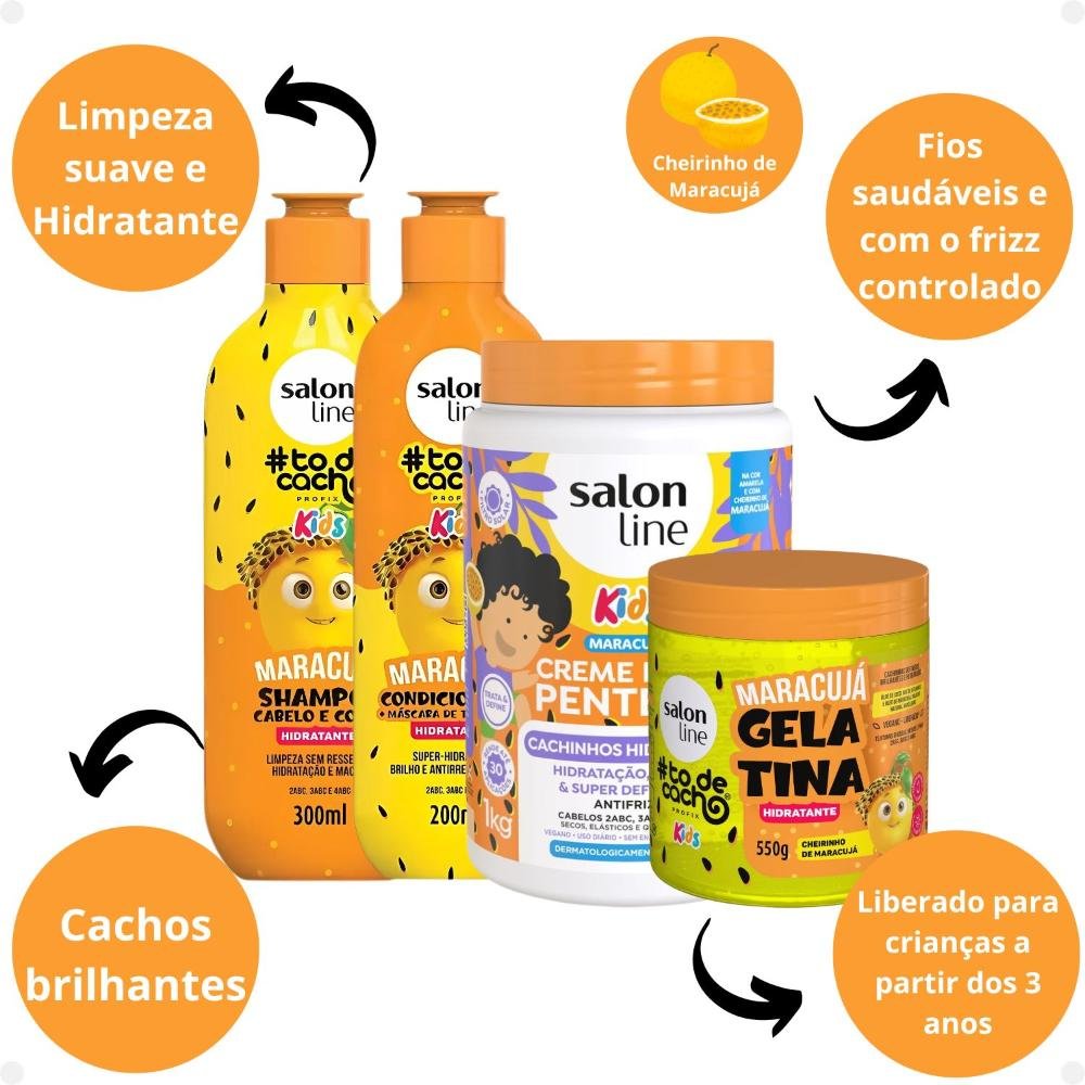 Kit Salon Line Kids: Shampoo e Condicionador + Creme para Pentear 1kg e Gelatina Hidratante Maracujá 1kg 2