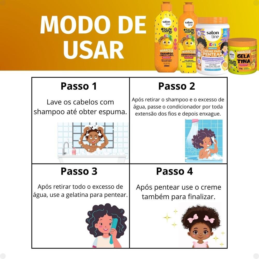 Kit Salon Line Kids: Shampoo e Condicionador + Creme para Pentear 1kg e Gelatina Hidratante Maracujá 1kg 6