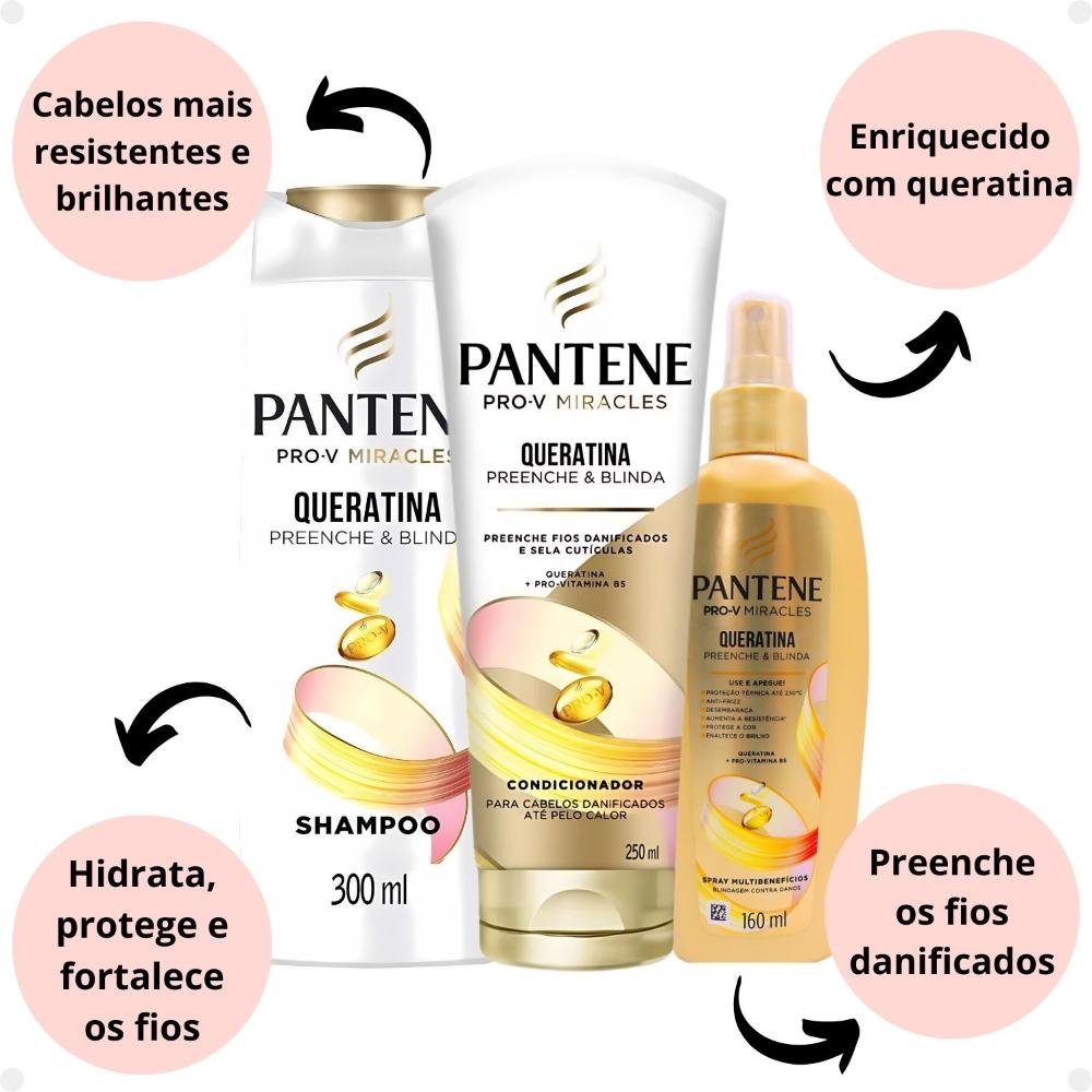Kit Pantene Pro-V Miracles Queratina: Shampoo 300ml, Condicionador 250ml e Spray ÚNICO 2