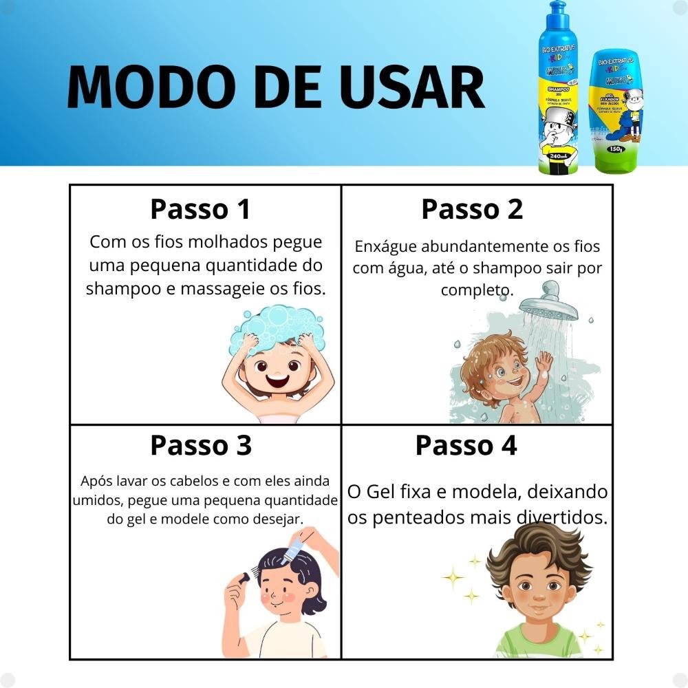 Bio Extratus Kids A Turma do Maluquinho 2 em 1: Shampoo e Gel Fixador ÚNICO 7