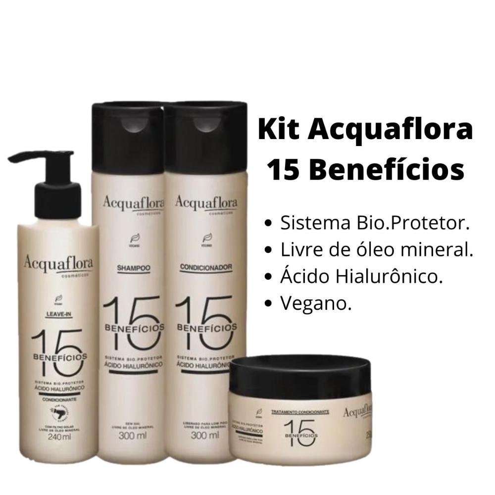 Kit Shampoo + Condicionador + Máscara + Leave In Acquaflora 15 Benefícios ÚNICO 2