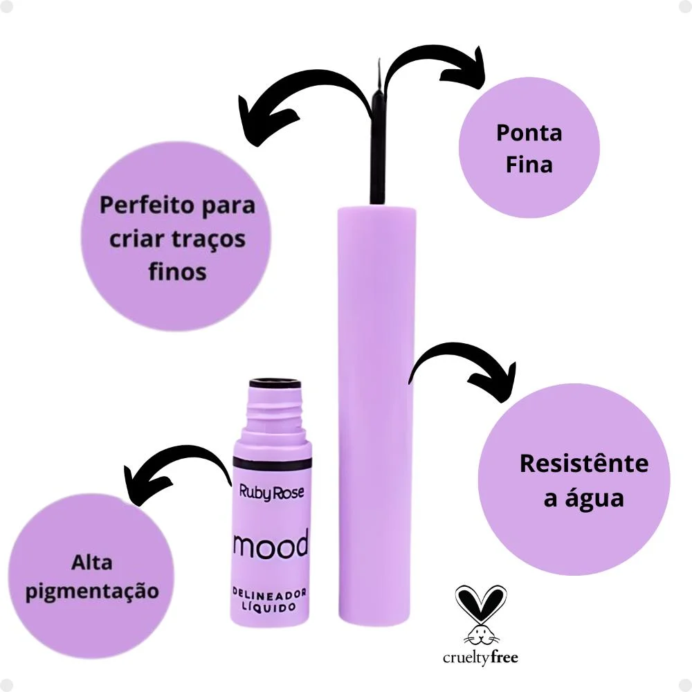 Delineador Líquido Ruby Rose Mood Preto 2ml HB-F511 Preto 2