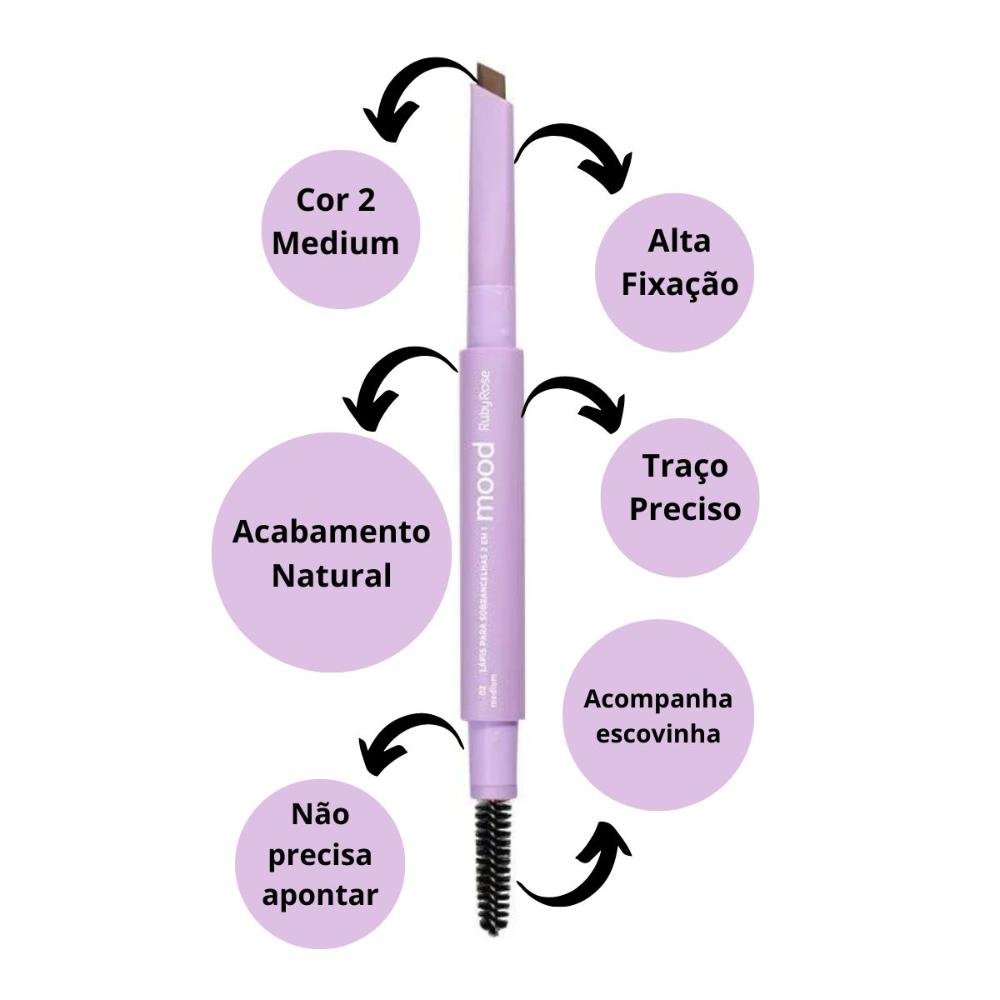 Lápis Para Sobrancelhas Ruby Rose Mood Ponta Fina 2x1 Cor 02 Medium Hb-521-2 Cor 02 2