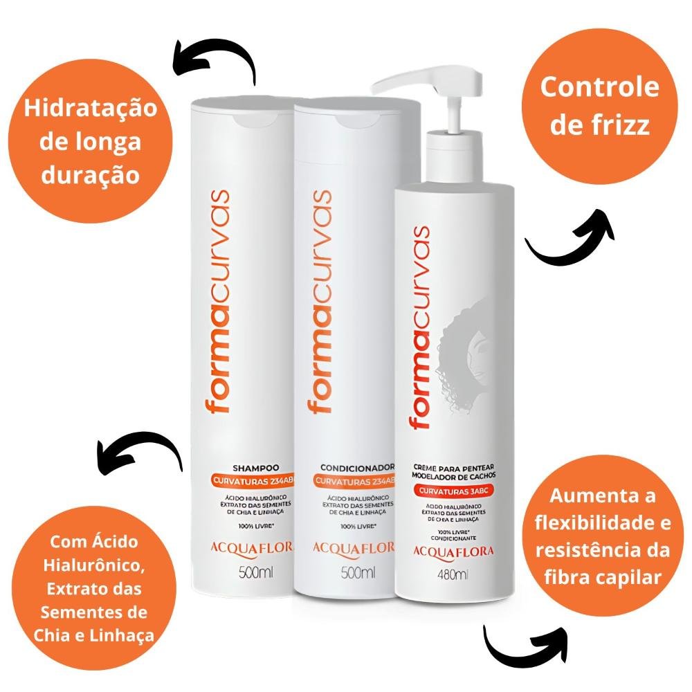 Kit Acquaflora Forma Curvas: Shampoo, Condicionador e Creme Modelador Cachos ÚNICO 2