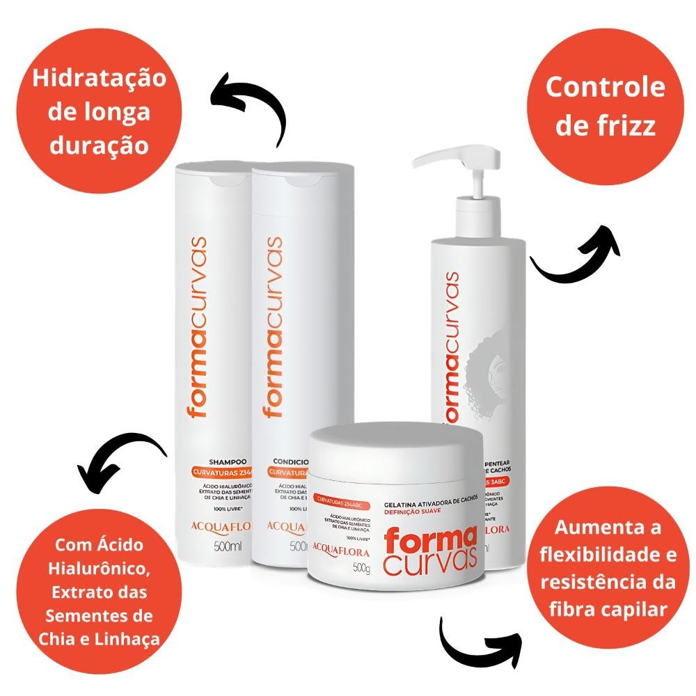Kit Acquaflora Forma Curvas: Shampoo, Condicionador, Tratamento e Creme Modelador Cachos ÚNICO 2