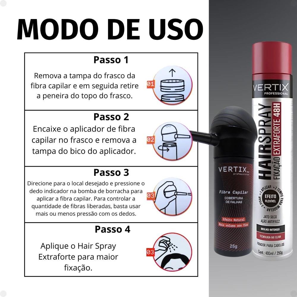 Kit Vertix: Fibra Capilar Castanho Claro, Aplicador e Spray Extraforte ÚNICO 7