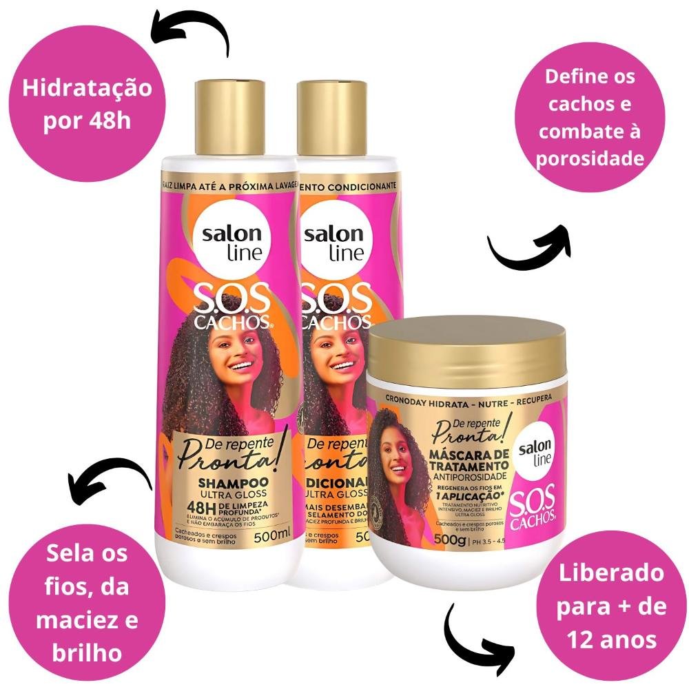 Salon Line Sos Cachos De Repente Pronta!: Shampoo, Condicionador e Máscara ÚNICO 2